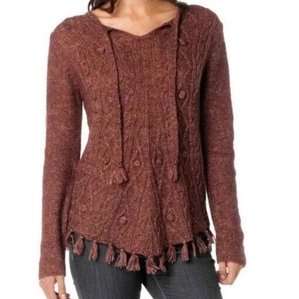 PrAna | Brown Open Cable Knit Tassel Fringe Hem Pom Pom Wool Blend Sweater